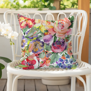 Summer Floral Watercolor Pattern Peach Purple Red Cushion