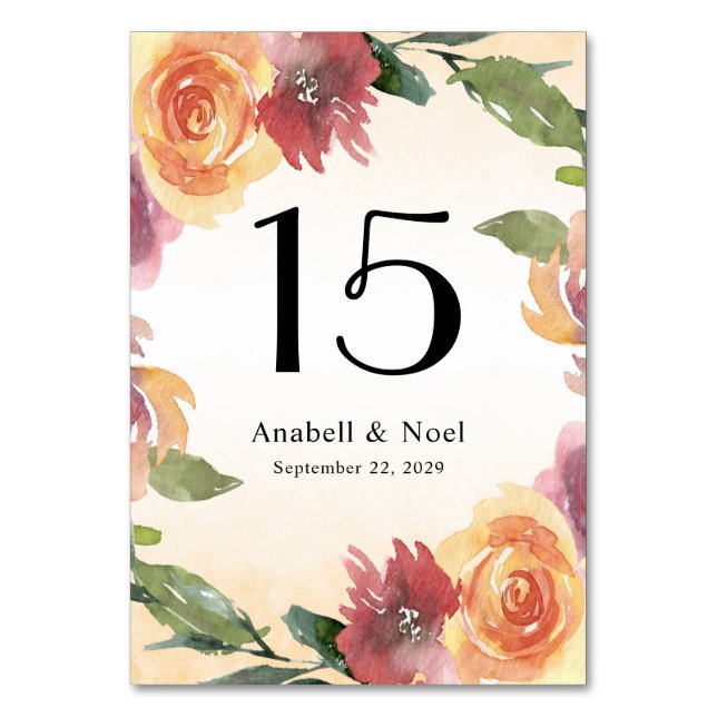 Summer Floral Wedding Table number (Front)