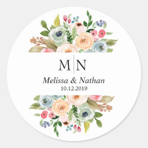 Summer Floral Wreath Wedding Monogram Stickers