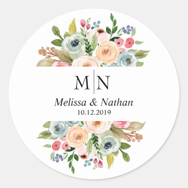 Summer Floral Wreath Wedding Monogram Stickers (Front)