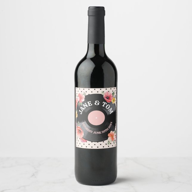 Summer Florals Recrords Wedding Bottle Music Wine Label (Front)