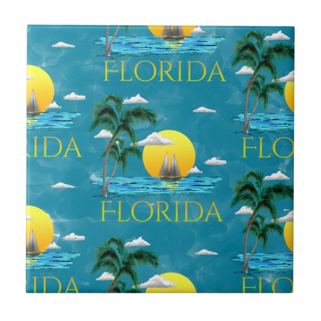 Summer Florida Sailboat Sunset Beach Coastal Ceramic Tile (Front)