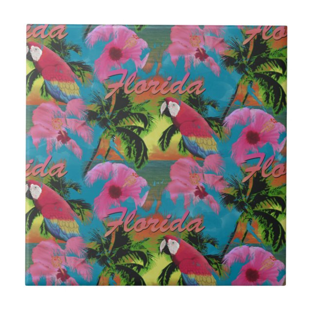 Summer Florida Tropical Sunset Beach Coastal Ceramic Tile (Front)