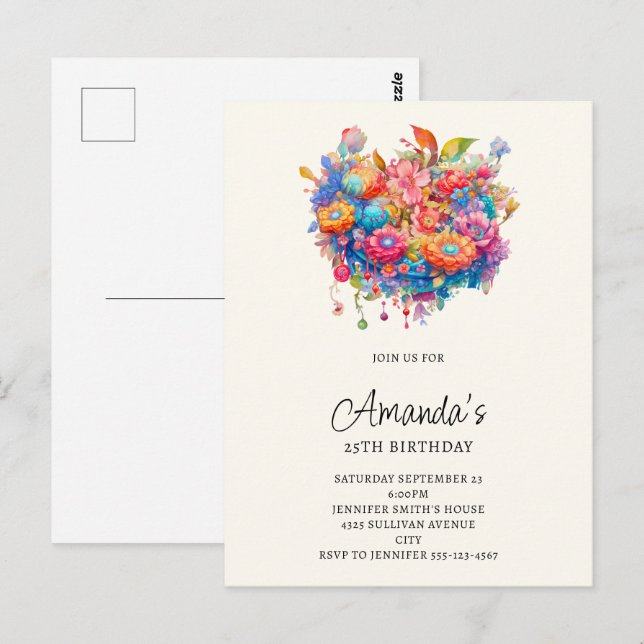 Summer Flower Bouquet Birthday Invitation Postcard (Front/Back)