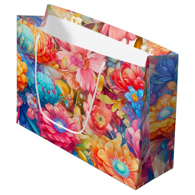 Summer Flower Bouquet Whimsical Boho Large Gift Bag (Front Angled)