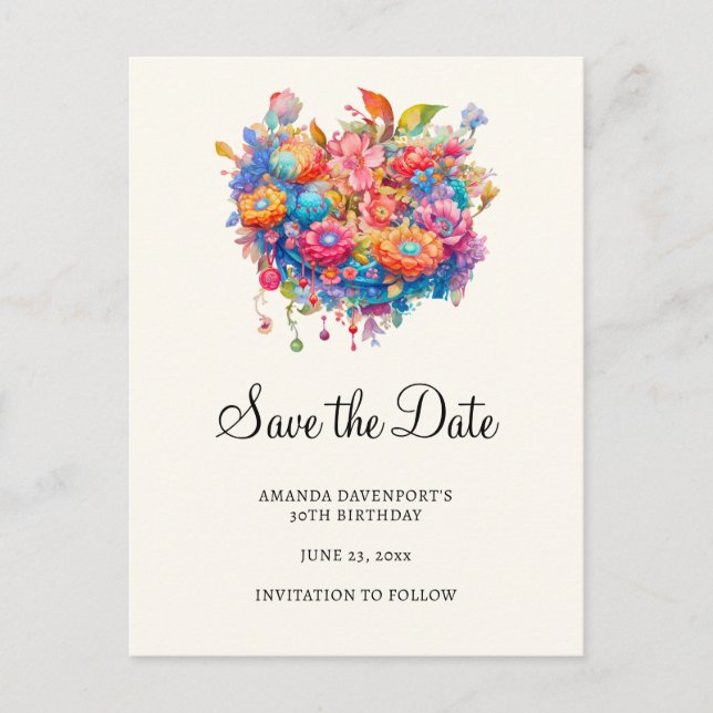 Summer Flower Bouquet Whimsical Boho Save the Date Invitation Postcard (Front)