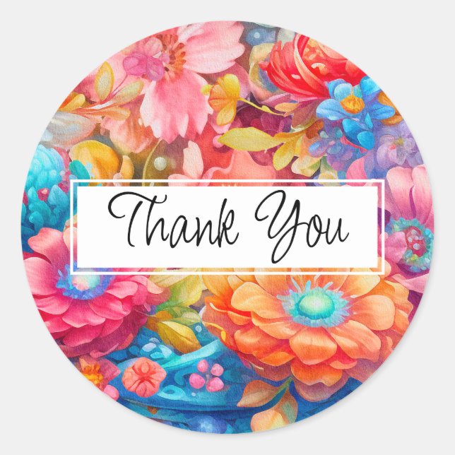 Summer Flower Bouquet Whimsical Boho Thank You Classic Round Sticker (Front)