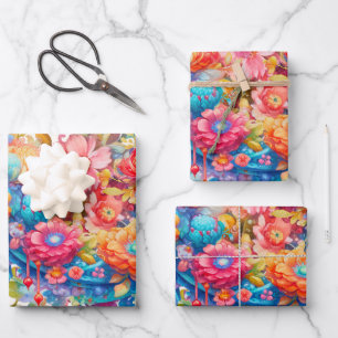 Summer Flower Bouquet Whimsical Boho Wrapping Paper Sheet