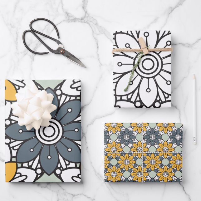 Summer Flower Pattern Yellow Grey Wrapping Paper Sheet (Front)
