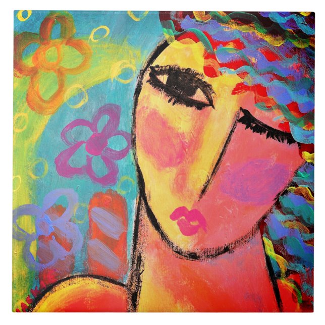Summer Flowers Abstract Portrait of a Woman Ceramic Tile (Front)