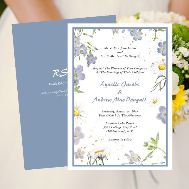 Summer Flowers Blue Wedding with RSVP Invitation (Summer Flowers Blue Wedding with RSVP Invitation)
