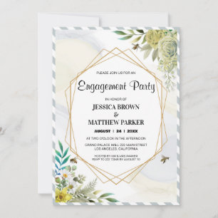 Summer Flowers Golden Frame Engagement Invitation