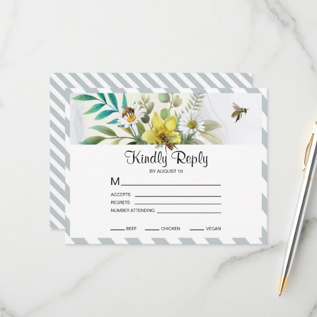 Summer Flowers Golden Frame   RSVP Card (Front/Back In Situ)