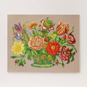 Summer Flowers in a Basket, Beige Background  Jigsaw Puzzle