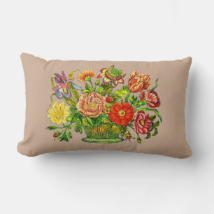 Summer Flowers in a Basket, Beige Background Lumbar Cushion