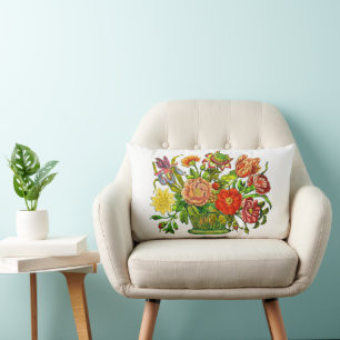 Summer Flowers in a Basket, Vintage Art Lumbar Cushion