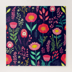 Summer Flowers Leaves Dark Background Jigsaw Puzzle