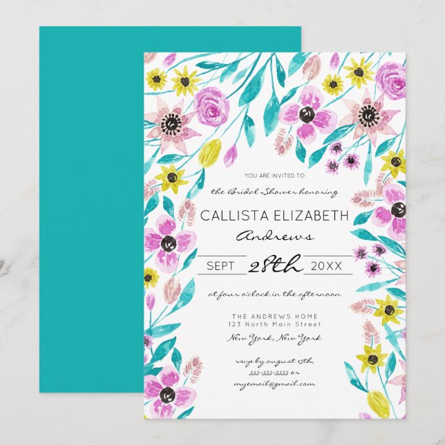 Summer Flowers Leaves Watercolor Bridal Shower Invitation (Front/Back)