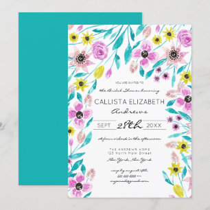 Summer Flowers Leaves Watercolor Bridal Shower Invitation
