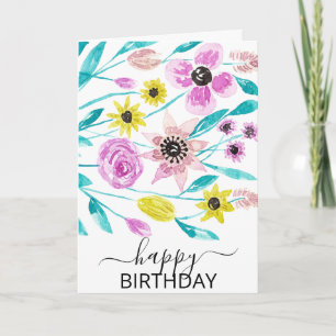 Summer Flowers Leaves Watercolor Happy Birthday Card