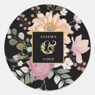 Summer Flowers on Black Wedding Classic Round Sticker