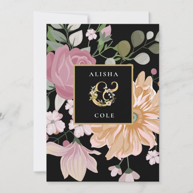 Summer Flowers on Black Wedding Invitation (Front)