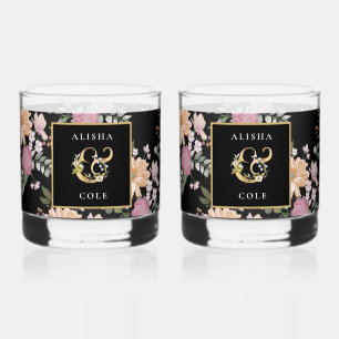 Summer Flowers on Black Wedding Whiskey Glass