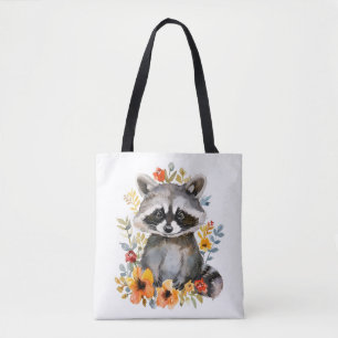 Summer Flowers Racoon Watercolor Tote Bag