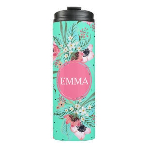 Summer Flowers Teal Personalised Thermal Tumbler