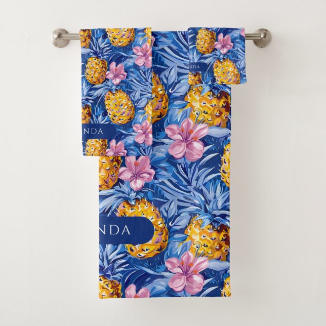 Summer Flowers Tropical Pineapple Floral Pattern Bath Towel Set (Insitu)