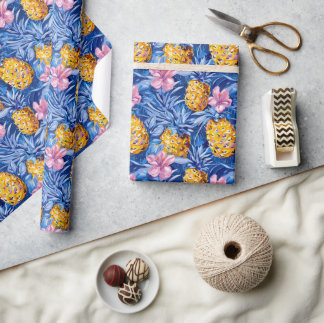 Summer Flowers Tropical Pineapple Floral Pattern Wrapping Paper