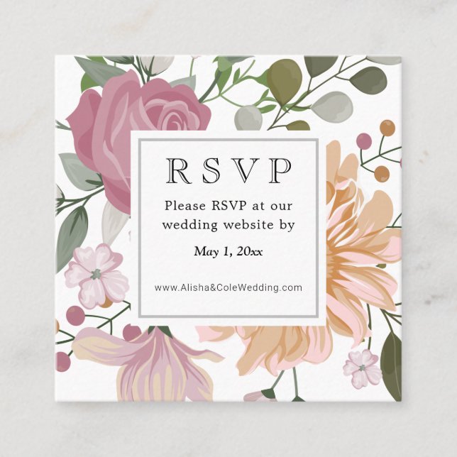 Summer Flowers Wedding Website RSVP  Square Business Card (Front)