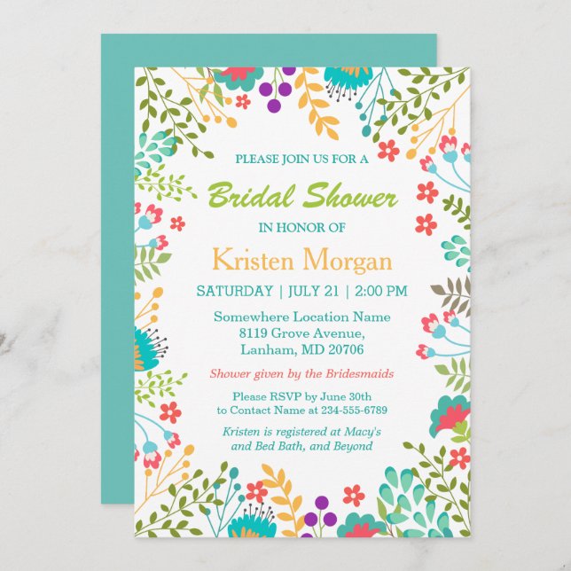Summer Fresh Floral Teal Blue Bridal Shower Invitation (Front/Back)