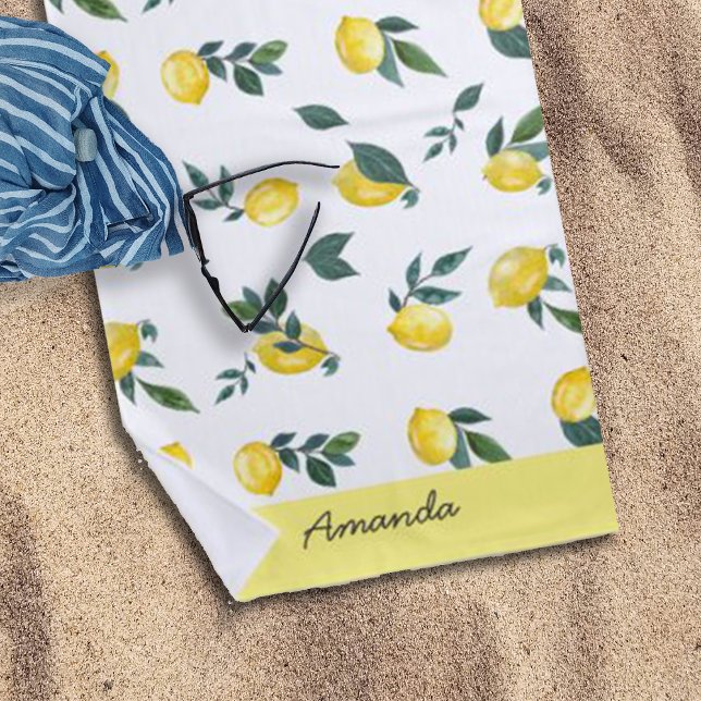 Summer Fresh Watercolour Lemons Custom Name  Beach Towel (Creator Uploaded)