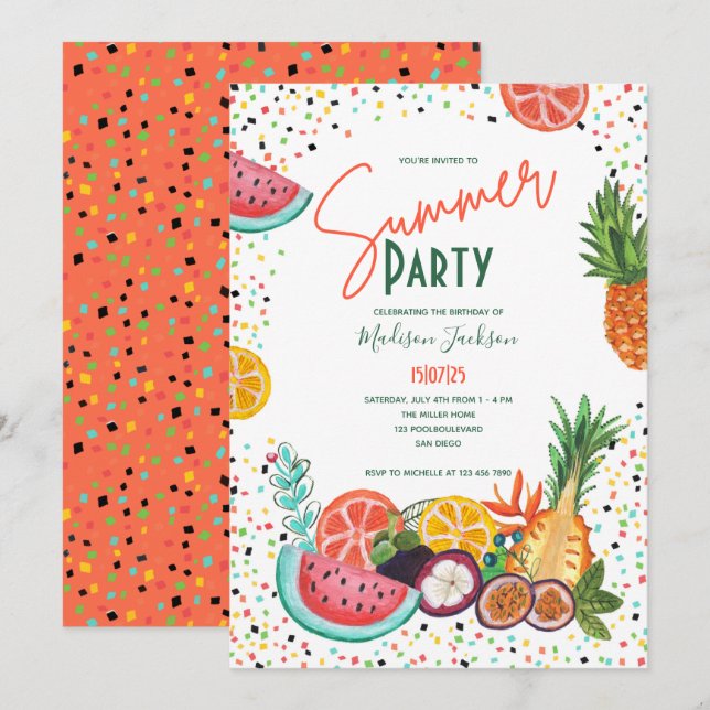 Summer Fruit Birthday Party Watermelon & Citrus Invitation (Front/Back)