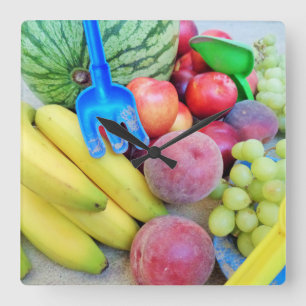 Summer Fruit, Food, Melon, Grapes, Peaches, Banana Square Wall Clock