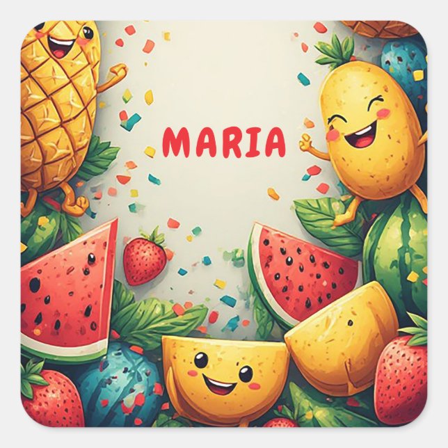 🍓 Summer Fruit Frame With Party Confetti Backgrou Square Sticker (Front)