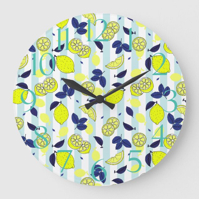 Summer Fruit Pattern Yellow Lemons on Blue Stripes Large Clock (Front)