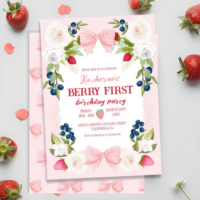 Summer fruit strawberries berry first Birthday Invitation (Creator Uploaded)