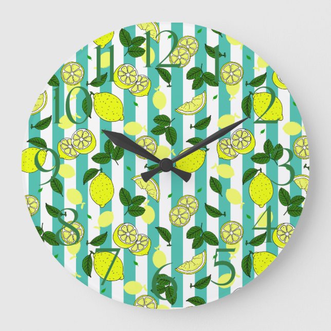Summer Fruit Yellow Lemons on Blue Stripes Large Clock (Front)