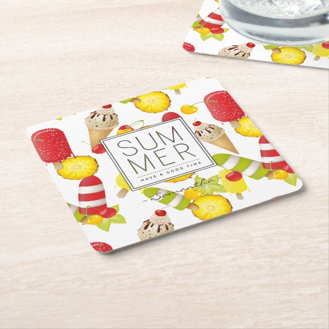 Summer Fruits and Ice-Cream Fun Square Paper Coaster (Angled)