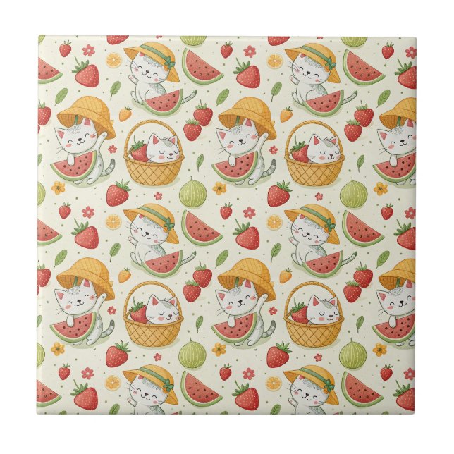 Summer Fruits Cat Pattern - Picnic Design for Kids Ceramic Tile (Front)