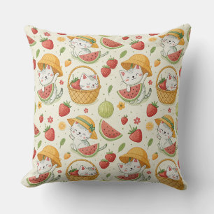 Summer Fruits Cat Pattern - Picnic Design for Kids Cushion
