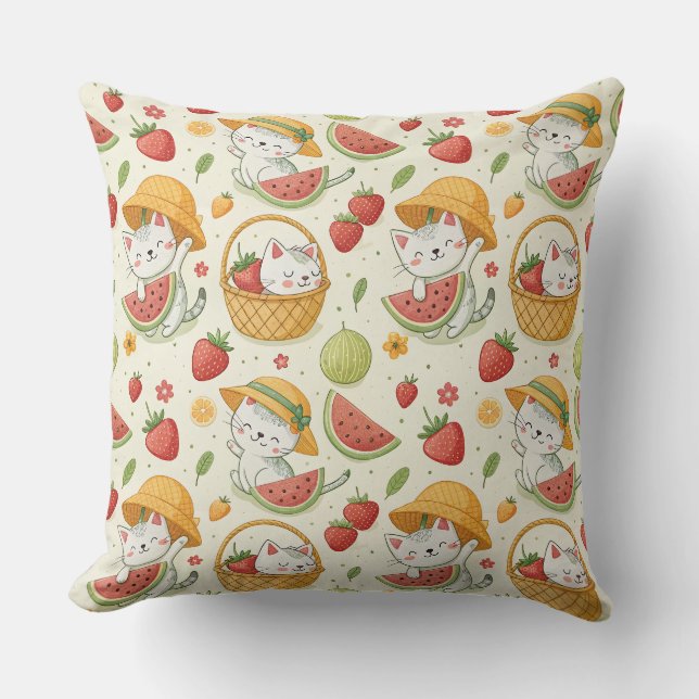 Summer Fruits Cat Pattern - Picnic Design for Kids Cushion (Front)