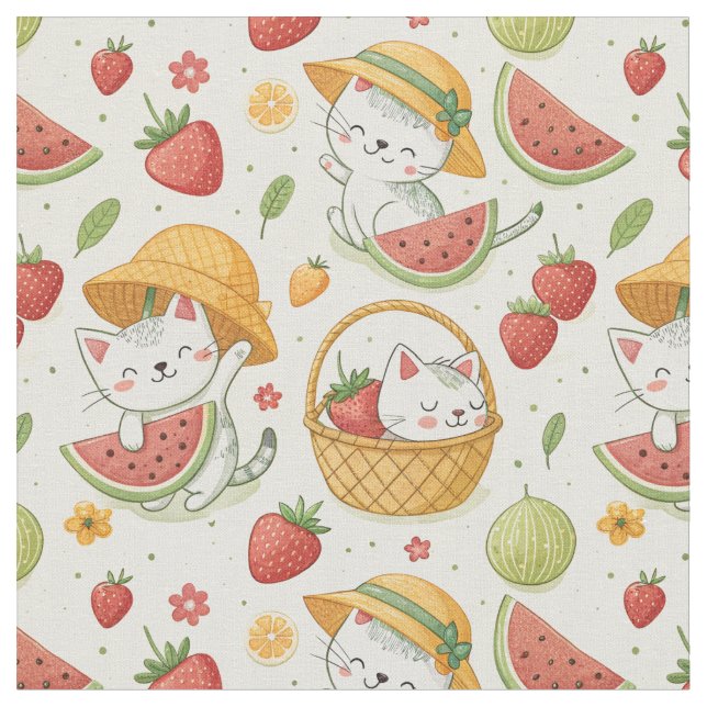 Summer Fruits Cat Pattern - Picnic Design for Kids Fabric (Close Up)