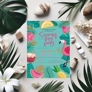 Summer, Fruits, Palm Leaf Flamingo Birthday Party Invitation