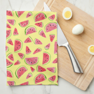 Summer Fruity Fun Watermelons Watercolor Yellow Tea Towel
