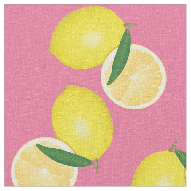 Summer Fruity Yellow Lemons on Pink Fabric (Close Up)