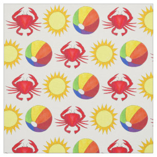 Summer Fun Crab Beachball Sunshine Beach Vacation Fabric