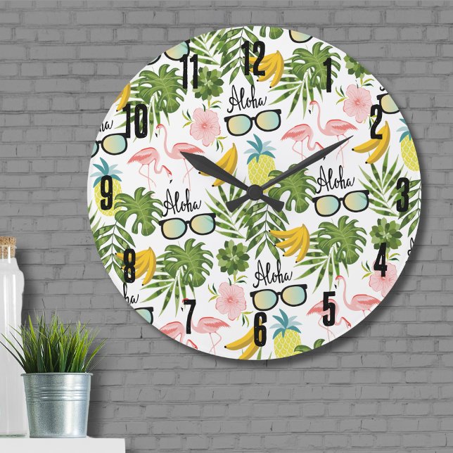 Summer Fun Cute Tropical Pattern Large Clock (Fun Cute Tropical Pineapple Pink Flamingo Pattern Large Clock)
